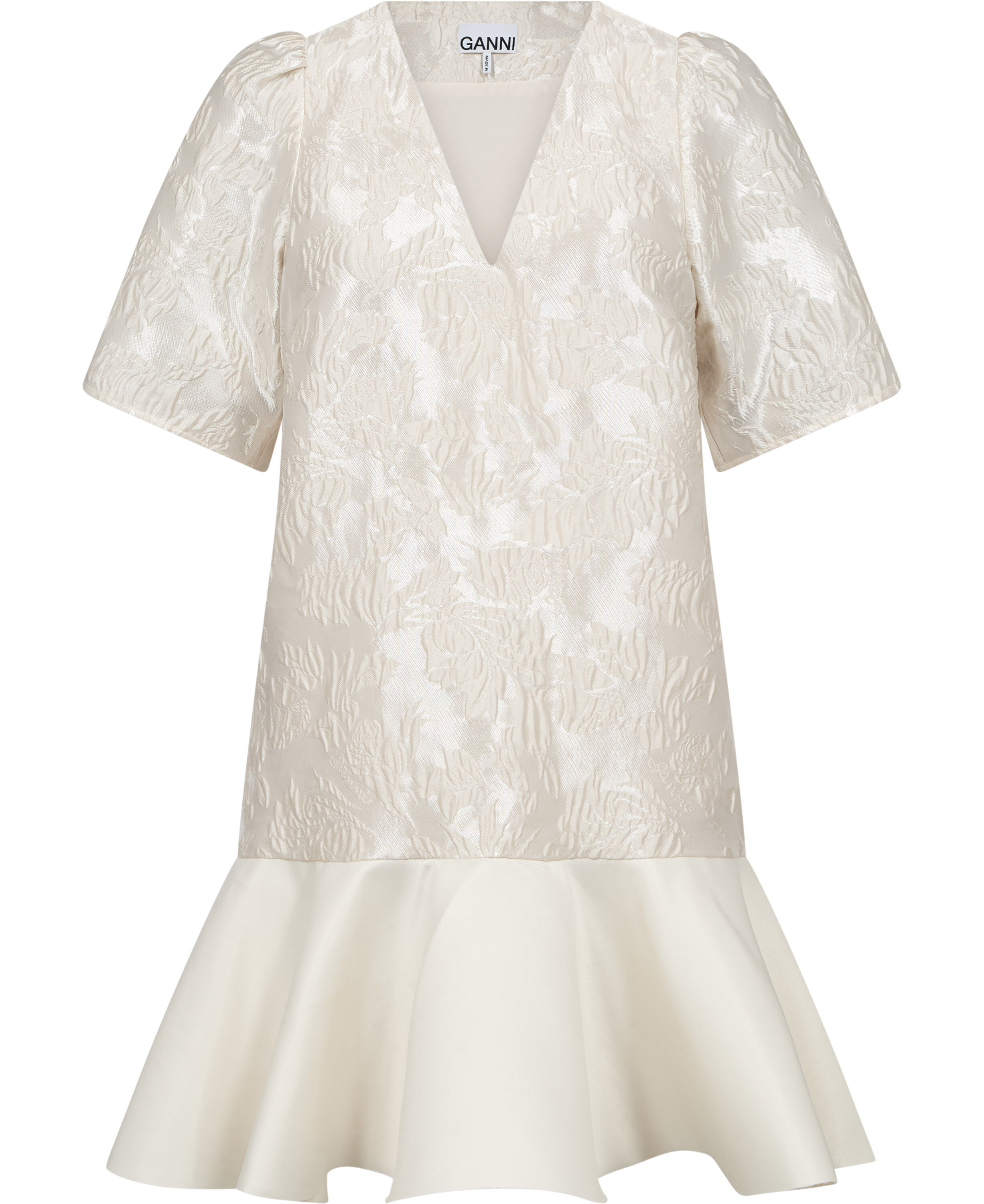 Satin Cloque Mini V-neck Dress