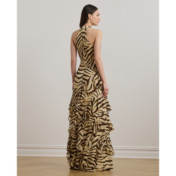 Zebra-Print Ruffle-Trim Georgette Gown