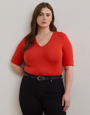 Stretch Cotton Elbow-Sleeve V-Neck Tee