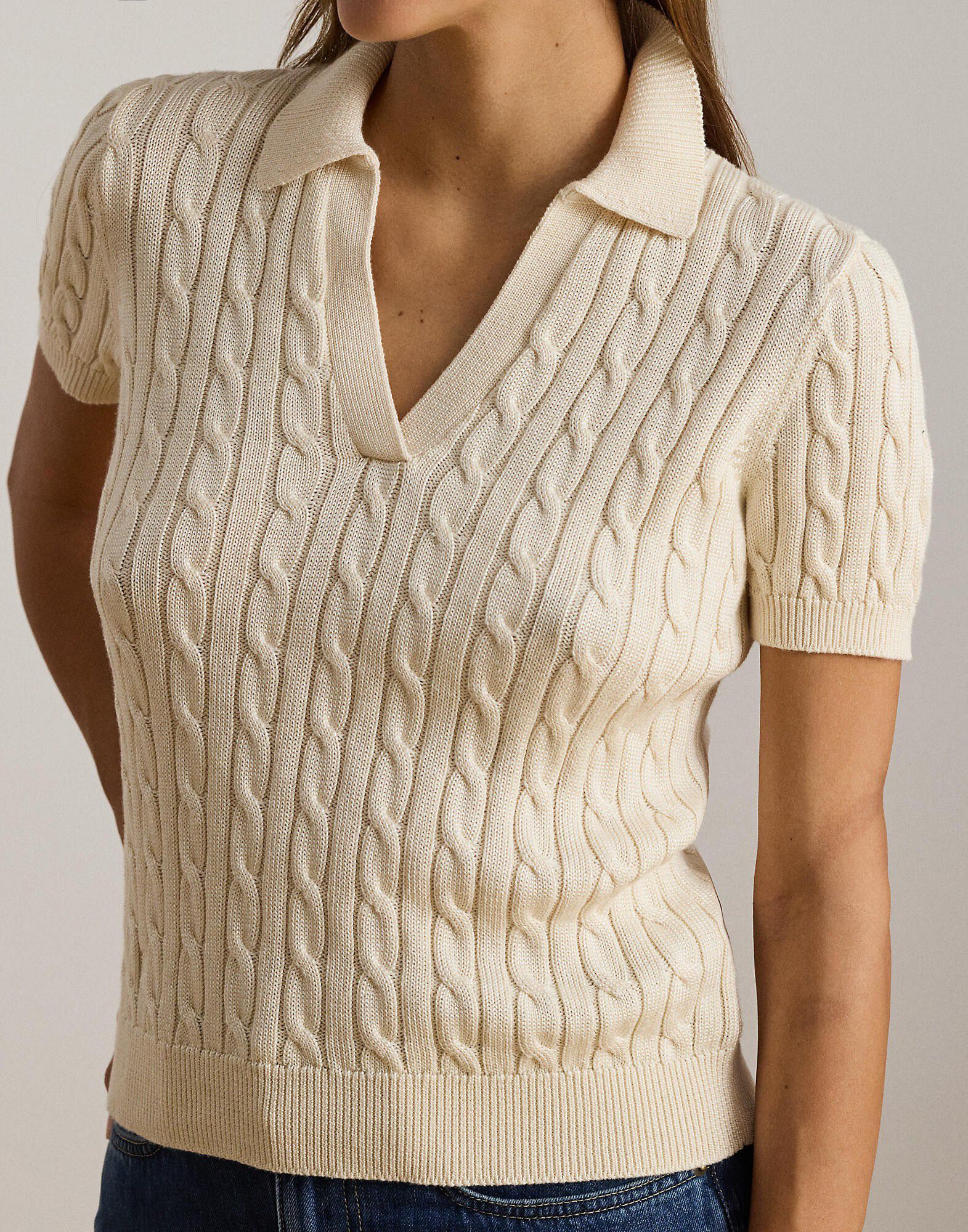 Cable Cotton-Blend Short-Sleeve Sweater