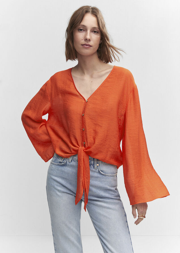 Flared sleeve blouse with bow