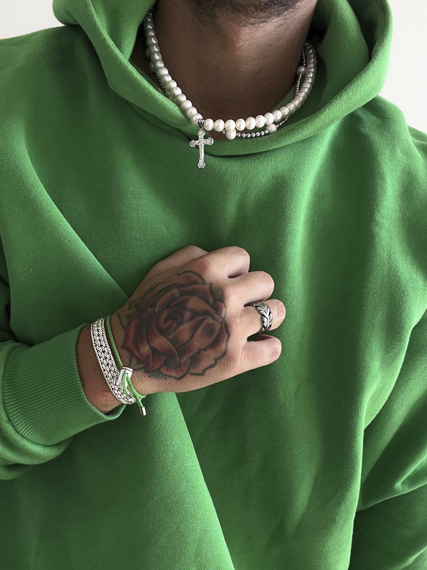 Men's Green String Bracelet with Adjustable Stainless Steel Lock