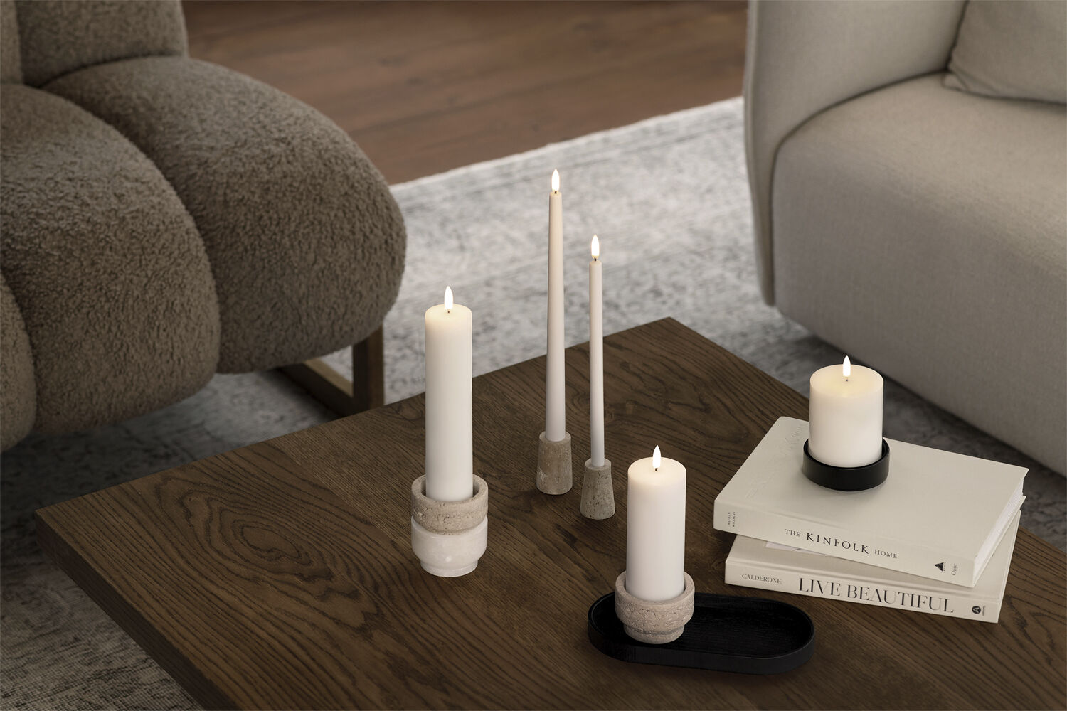 Travertine Candleholder mini taper, M, Desert beige, 2-pack,