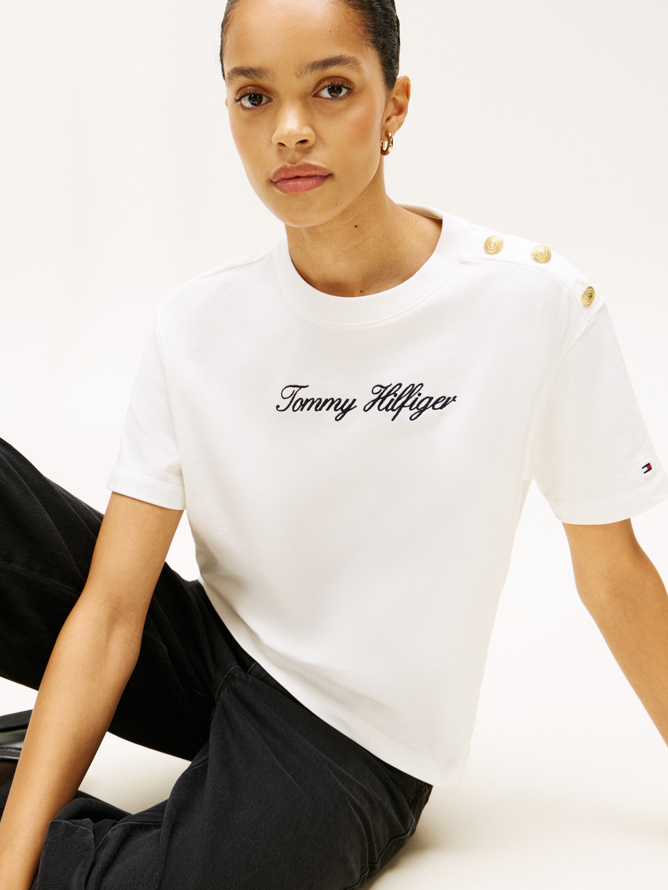 Gold-Tone Button Logo Embroidery Relaxed T-Shirt