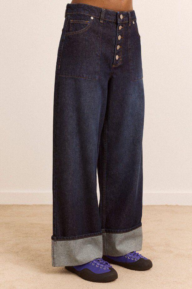 GIGI BAGGY WIDE TURN-UP JEANS - RINSE SLATE WASH