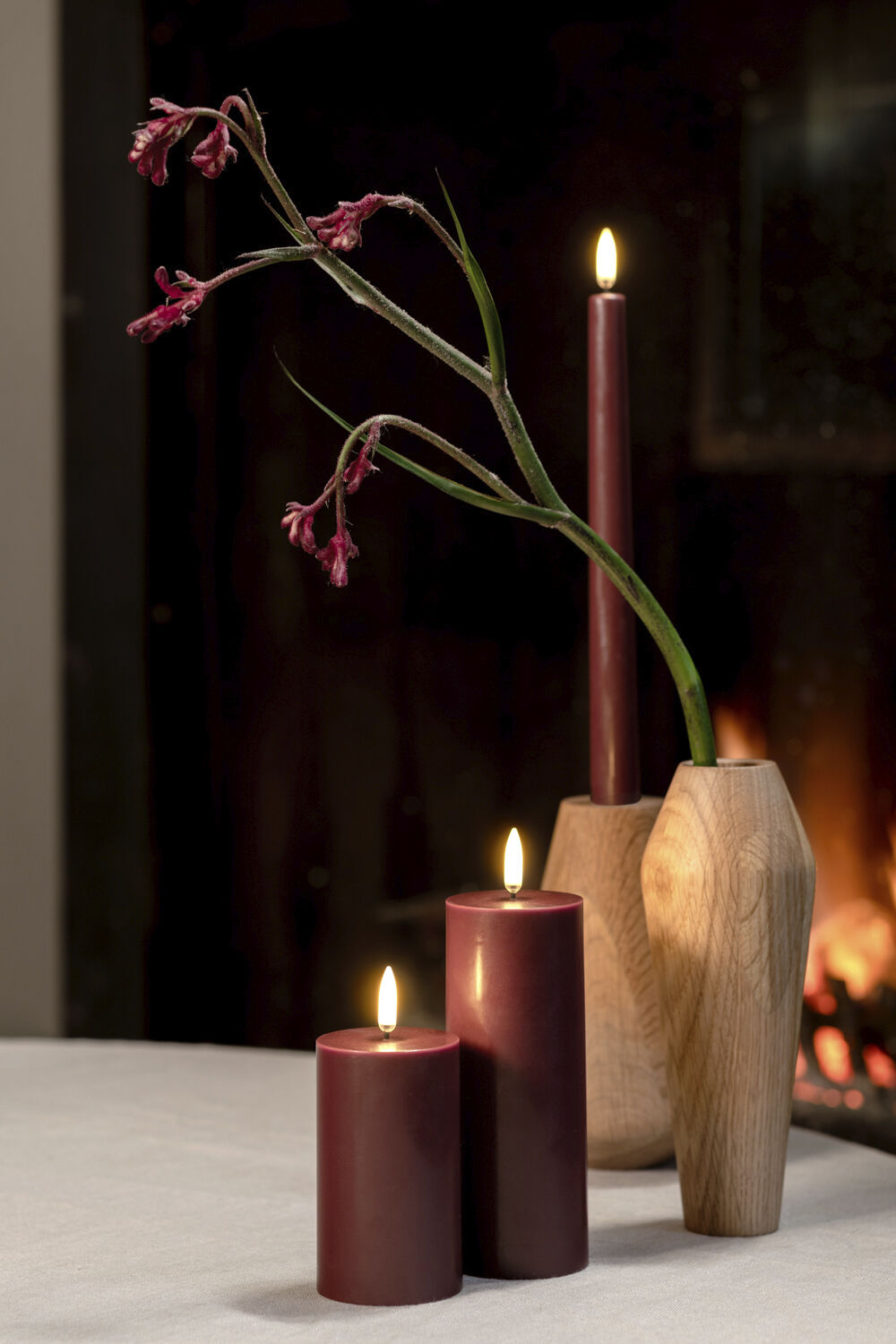 LED taper candle, Wine red, smooth, 2-pack, 2,3x25 cm