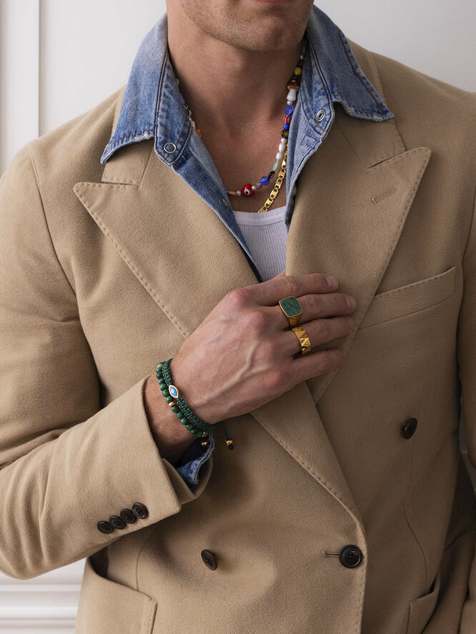 Men's Beaded Bracelet with Malachite and Gold Plating