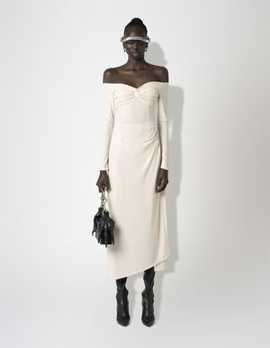 Crepe Jersey Off-Shoulder Drape Dress