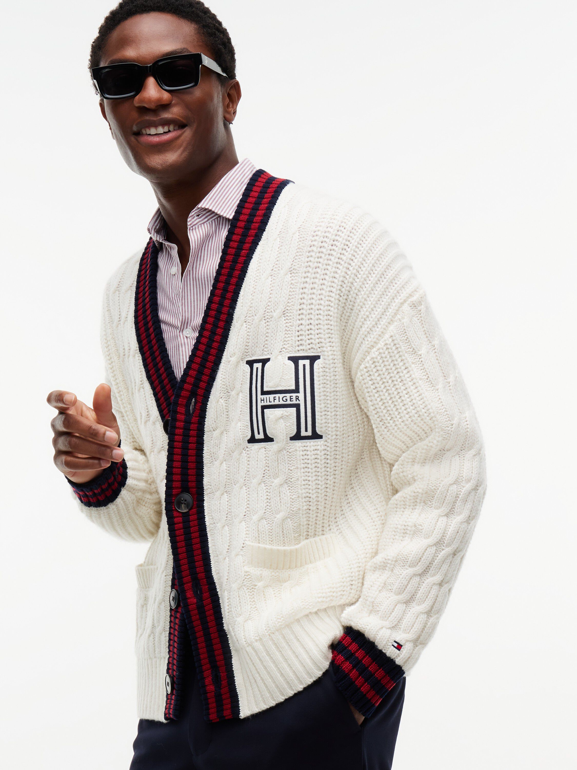 Cable Knit Wool Blend Letterman Cardigan