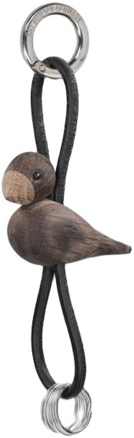 Fugl sølv nøglering med sort læder røget eg