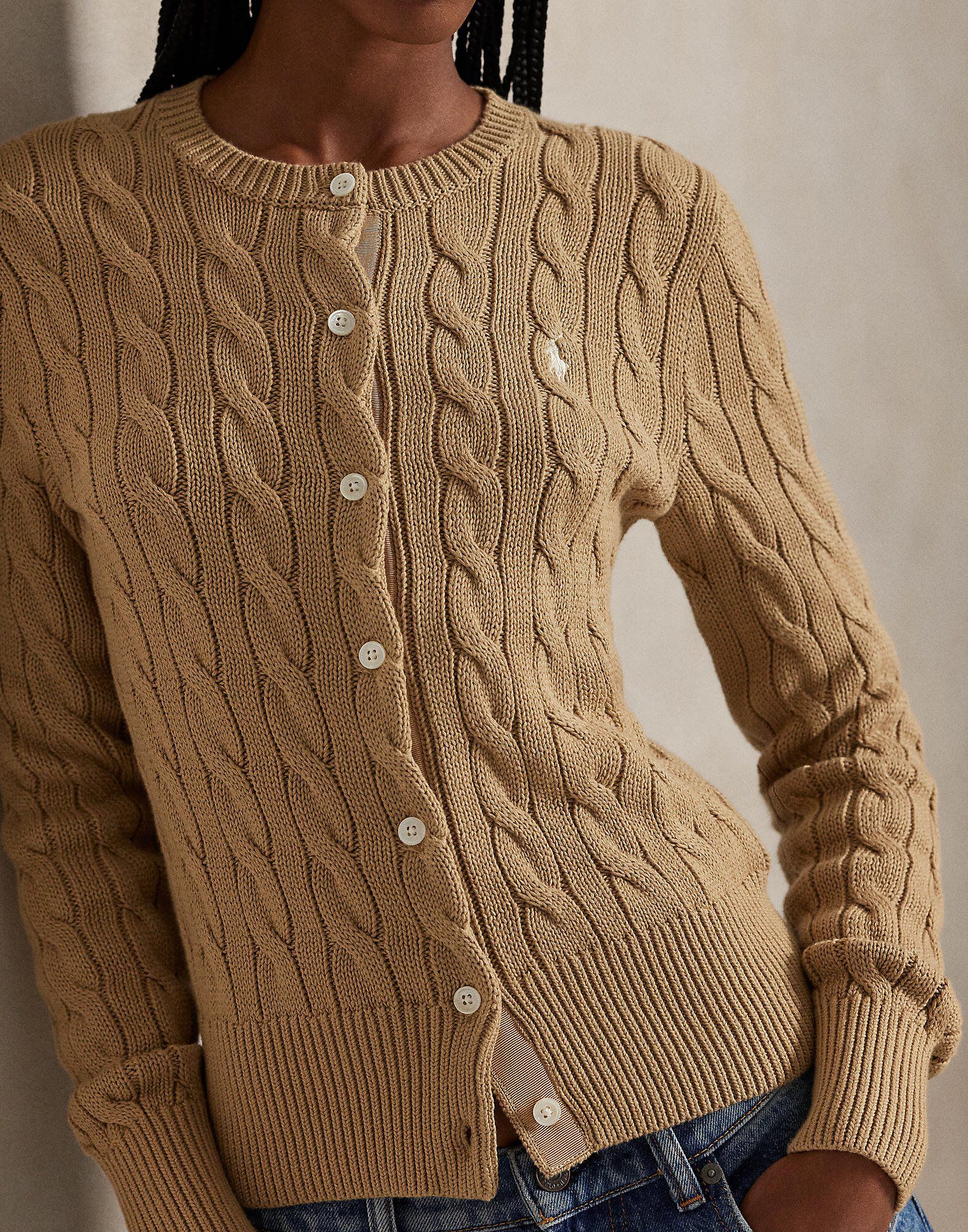 Cable-Knit Cotton Crewneck Cardigan
