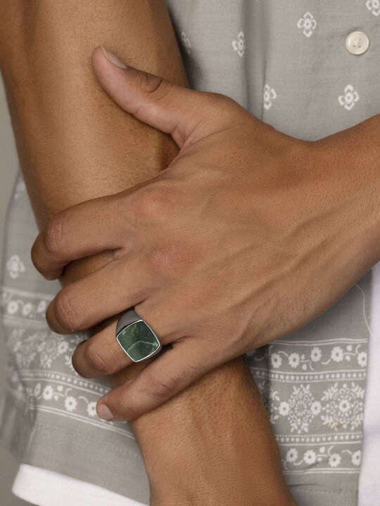 Men's Stainless Steel Signet Ring with Green Jade
