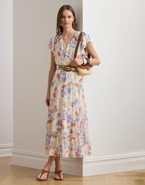 Floral Belted Georgette Tiered Dress