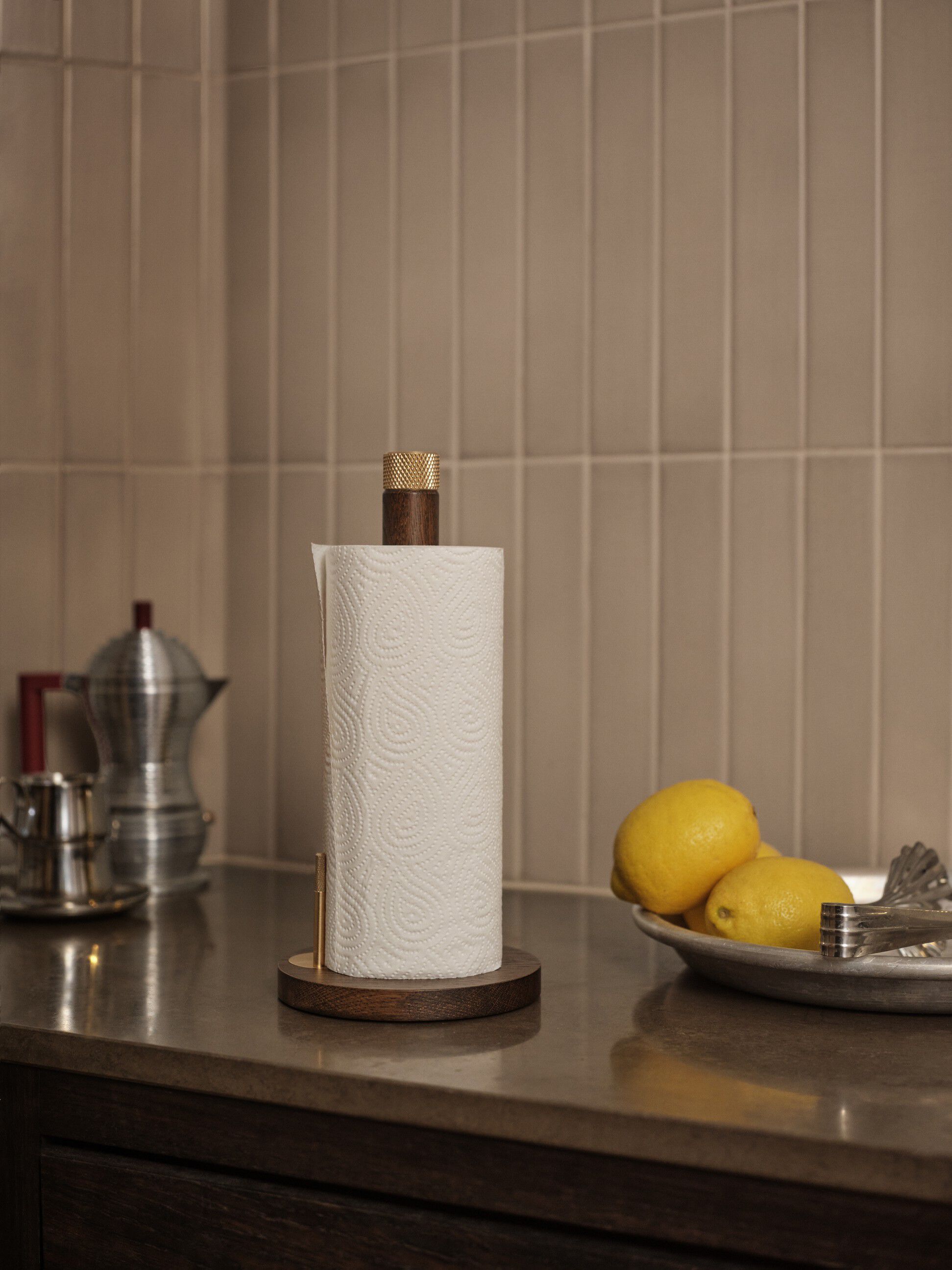 SINA Kitchen Roll Holder Dark Oak Brass