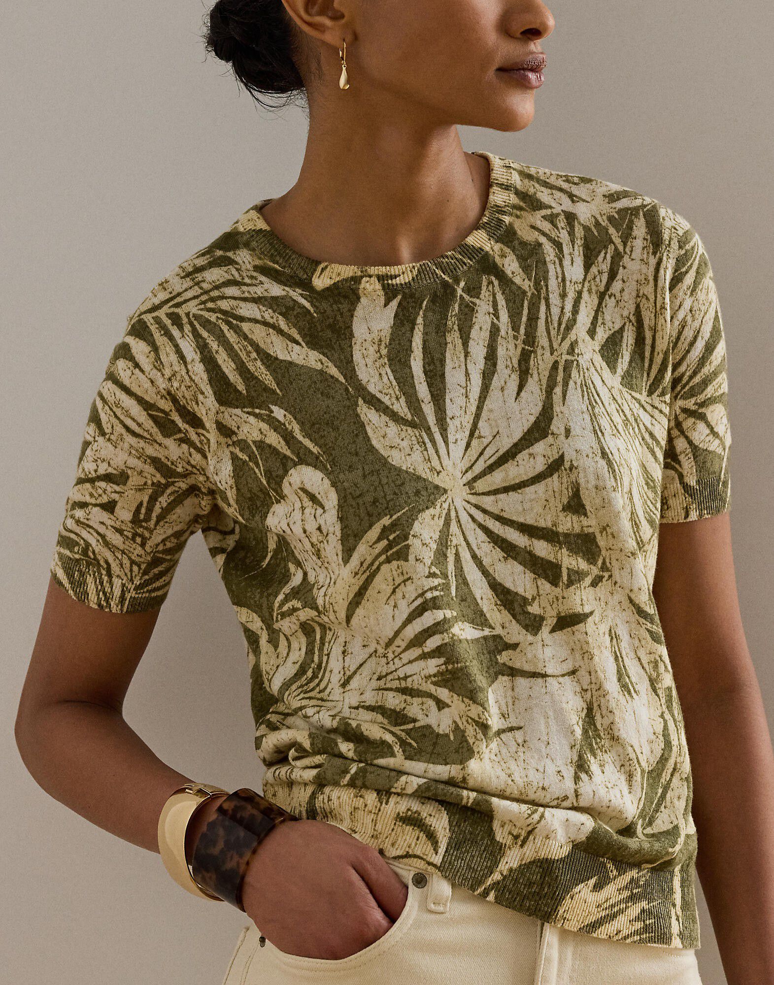 Palm-Frond-Print Short-Sleeve Sweater