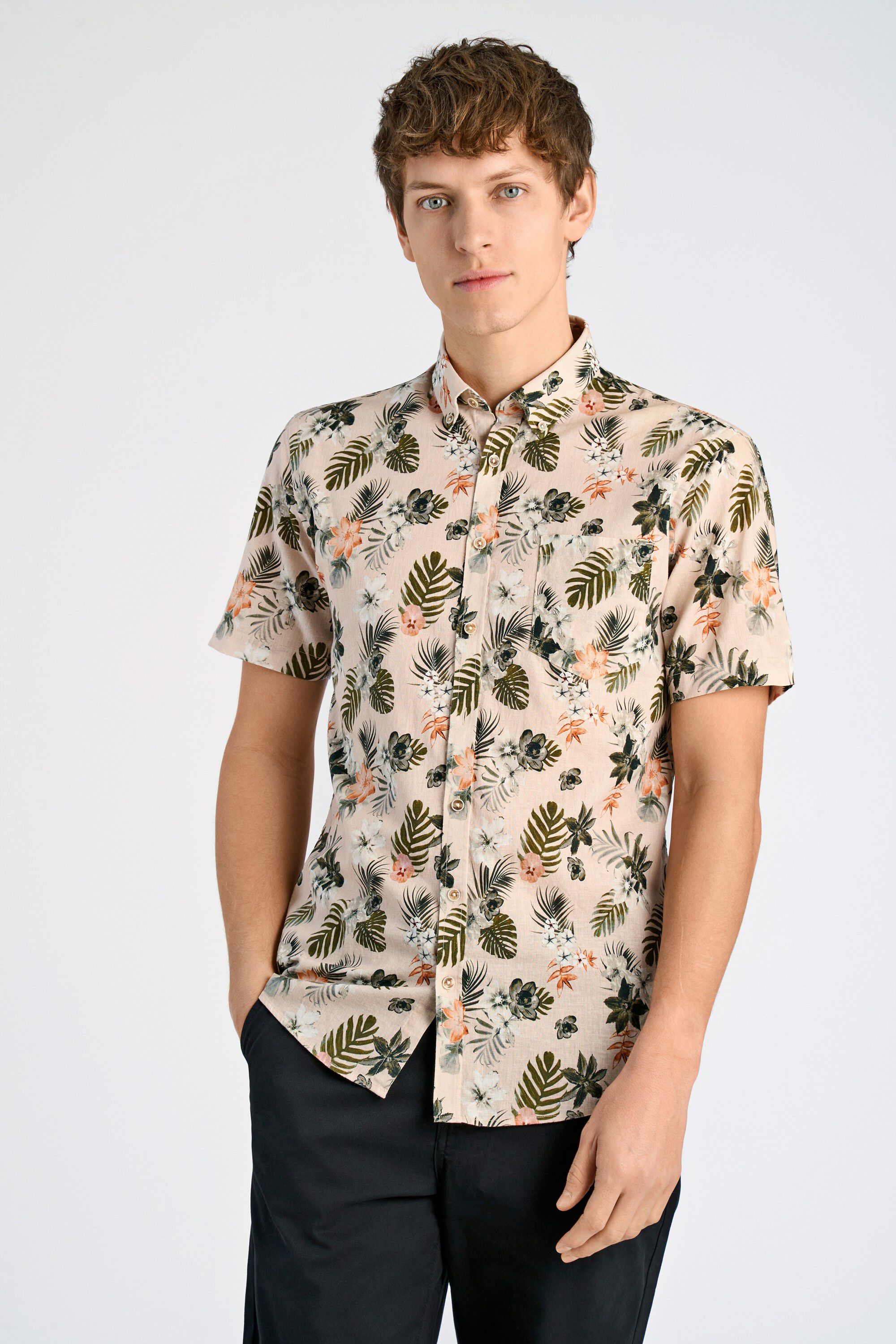 Printed cotton/linen shirt S/S