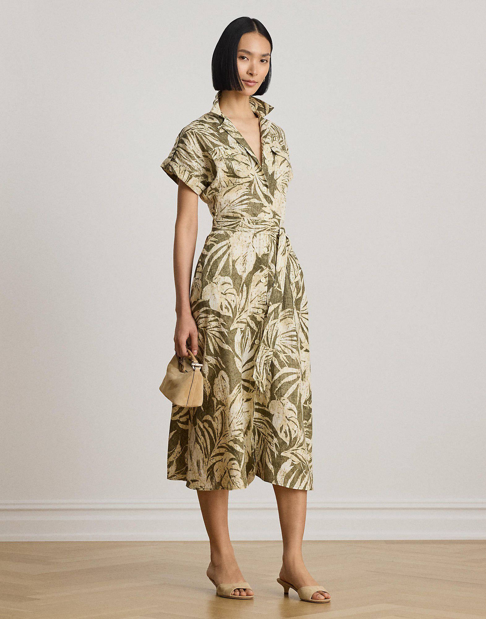 Palm-Frond-Print Linen Camp Shirtdress