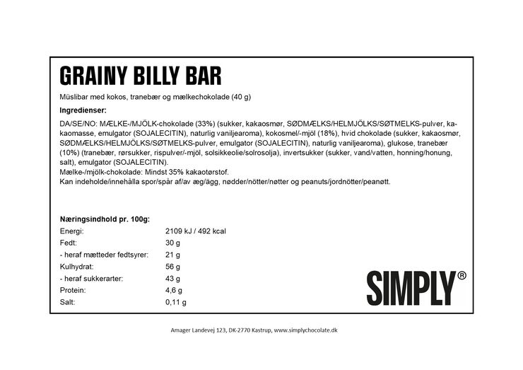 Simply® GRAINY BILLY chokoladebar