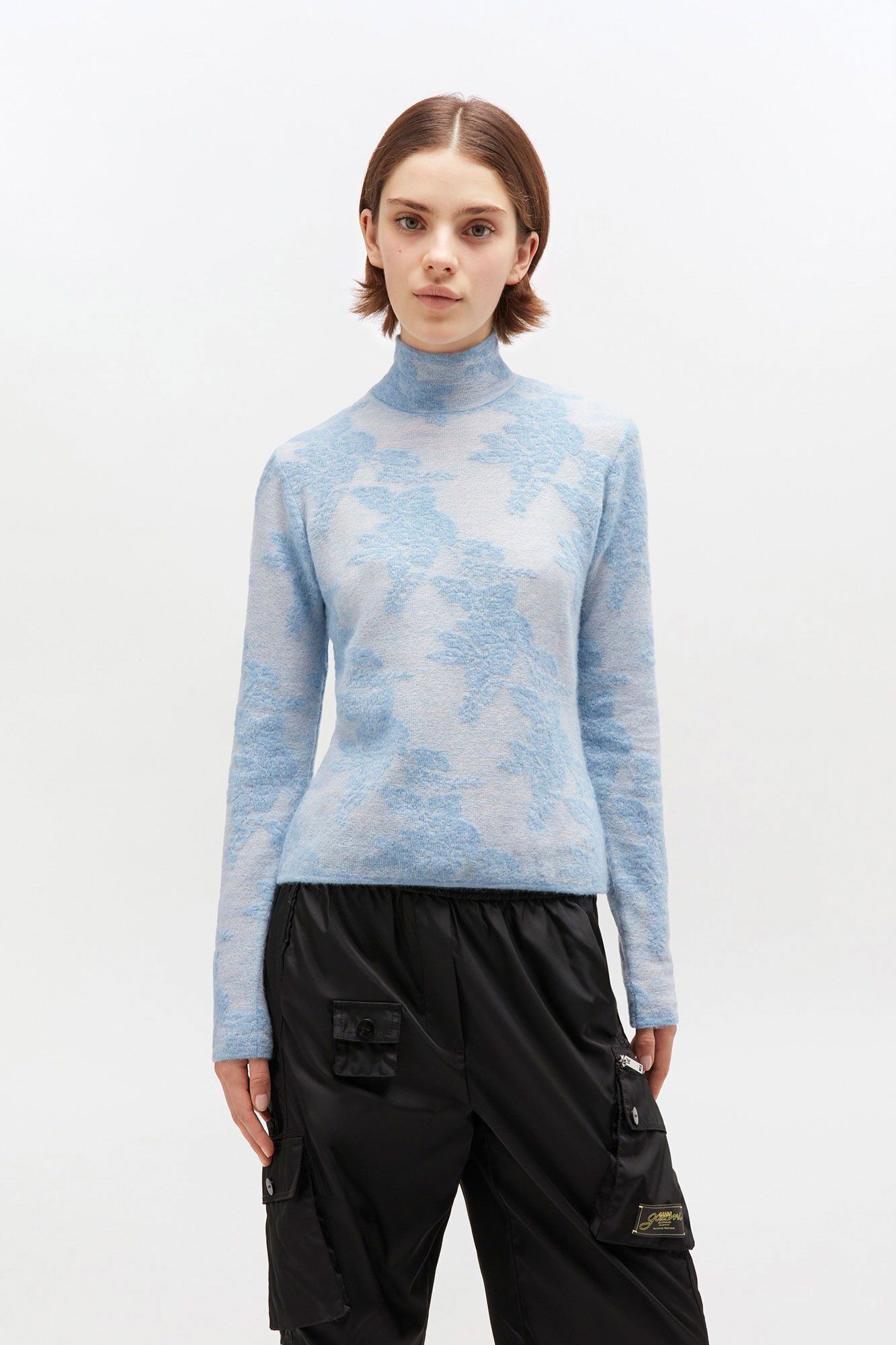 Sheer Flower Jacquard Mockneck