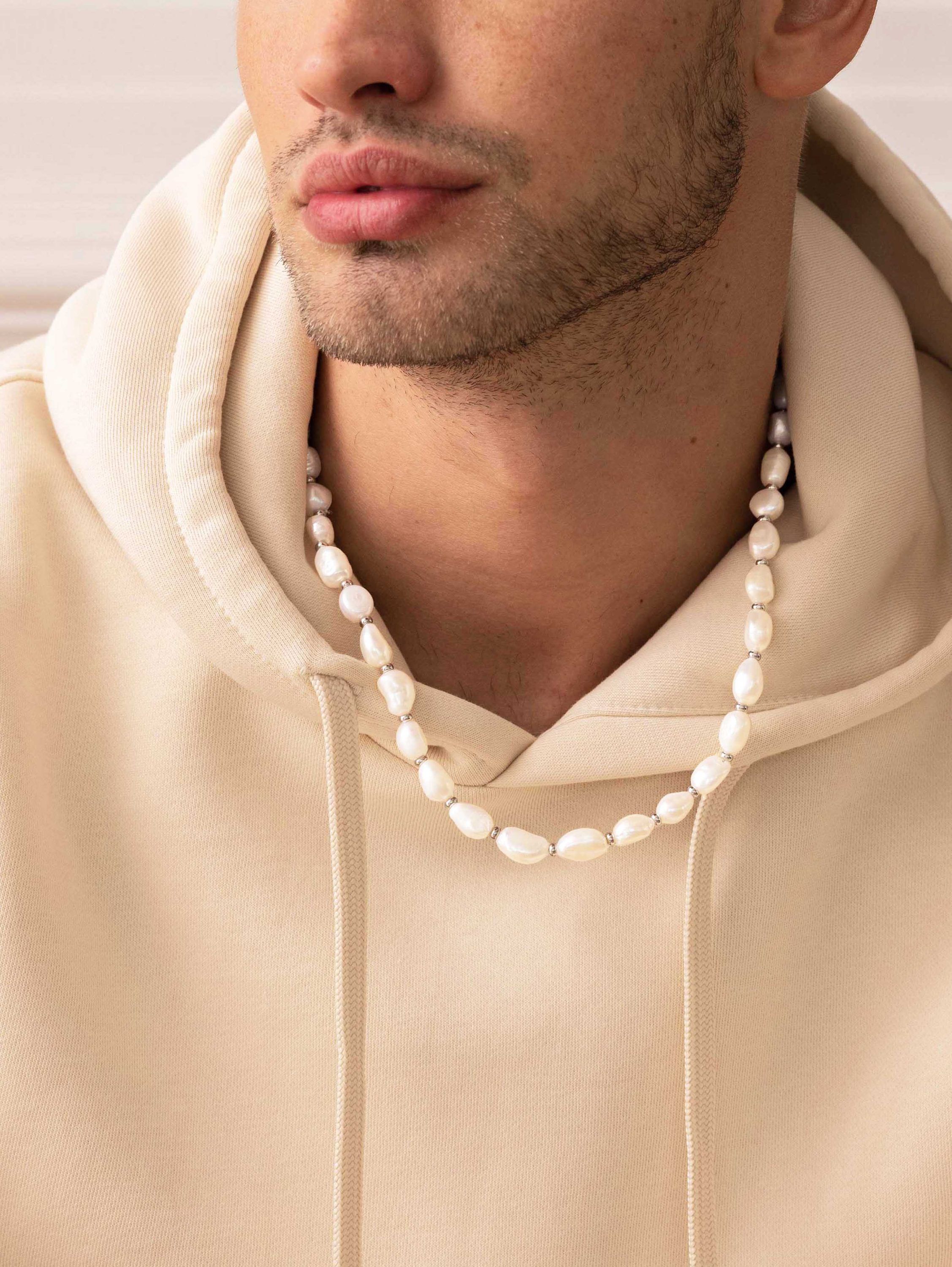Men's Baroque Pearl Necklace with Silver