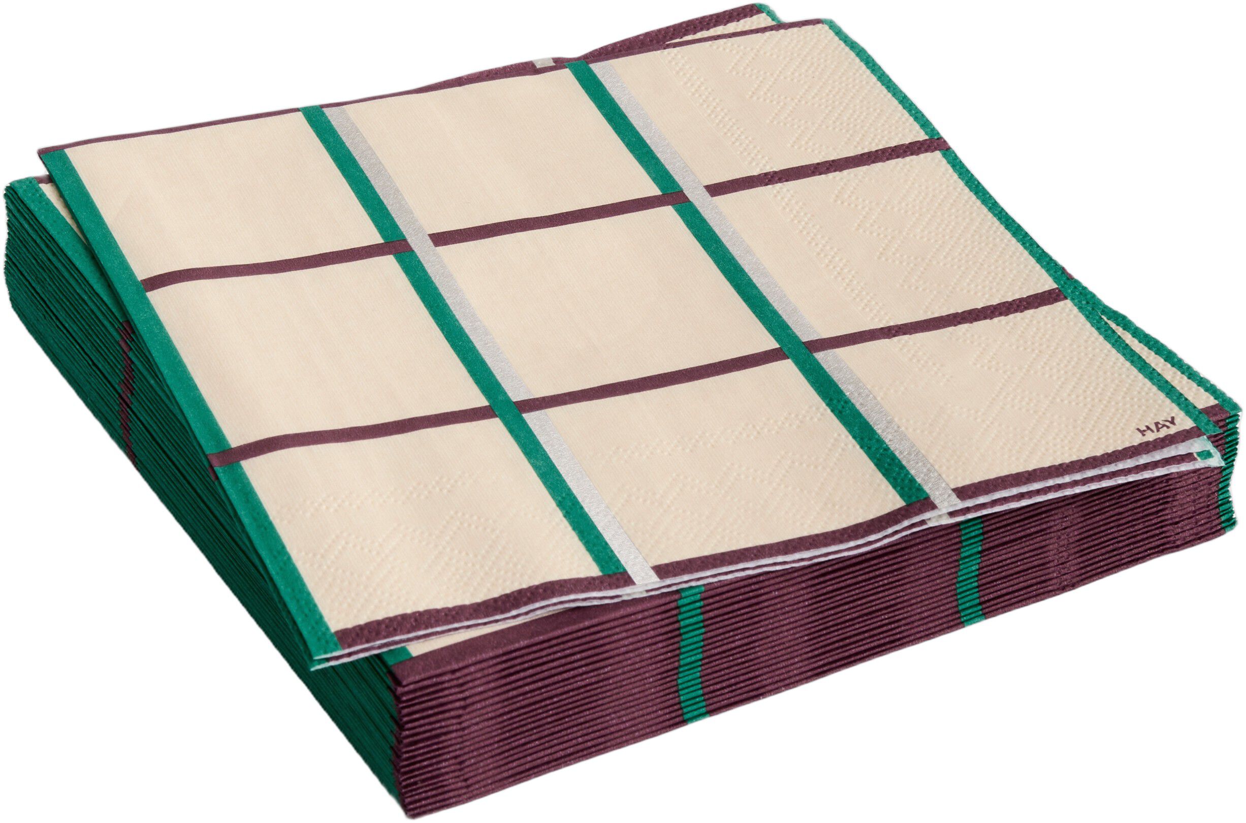 Pattern Napkins-Set of 20 Lunch-Off-white, silver and green braid chec