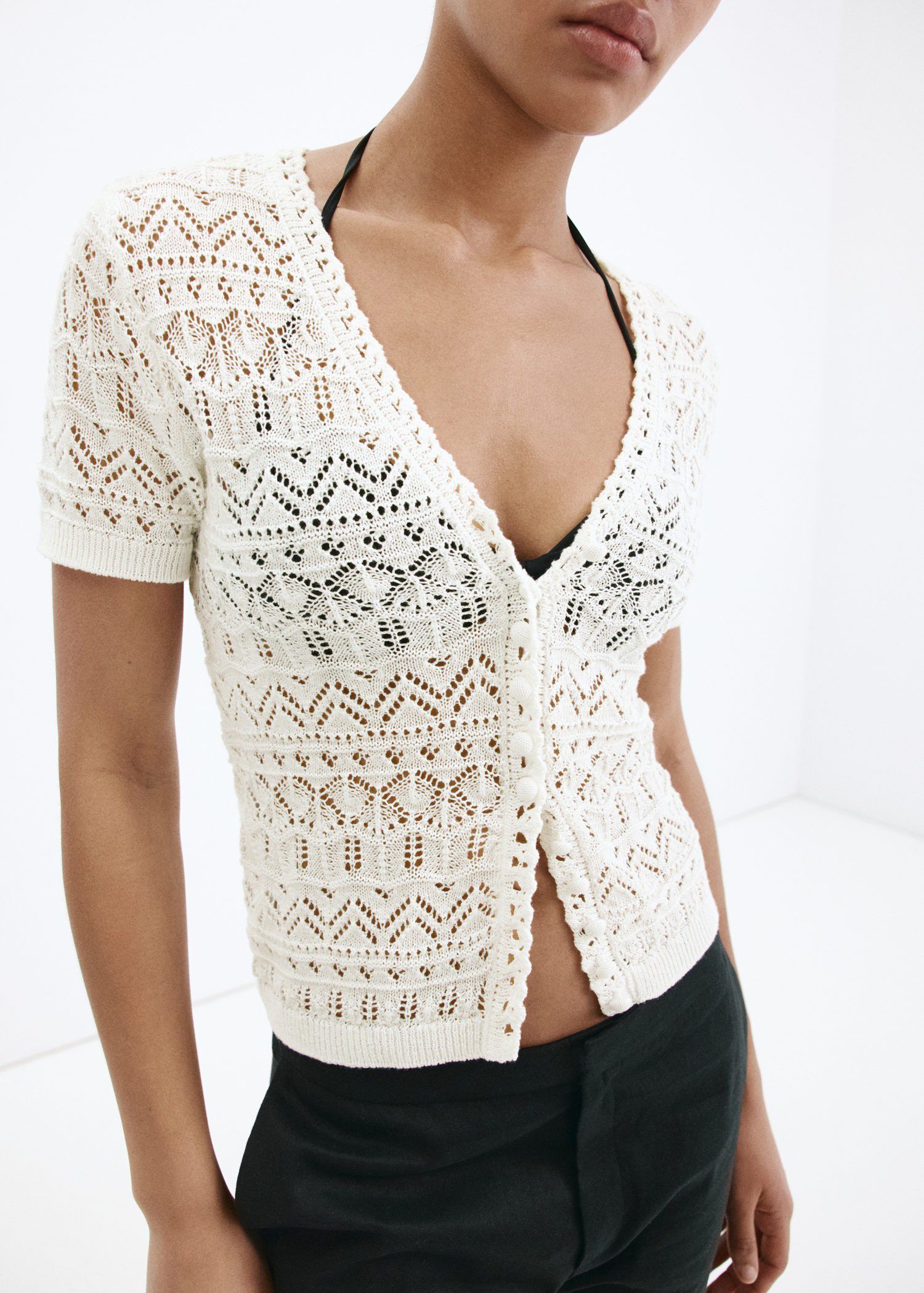 Short-sleeve openwork knit cardigan