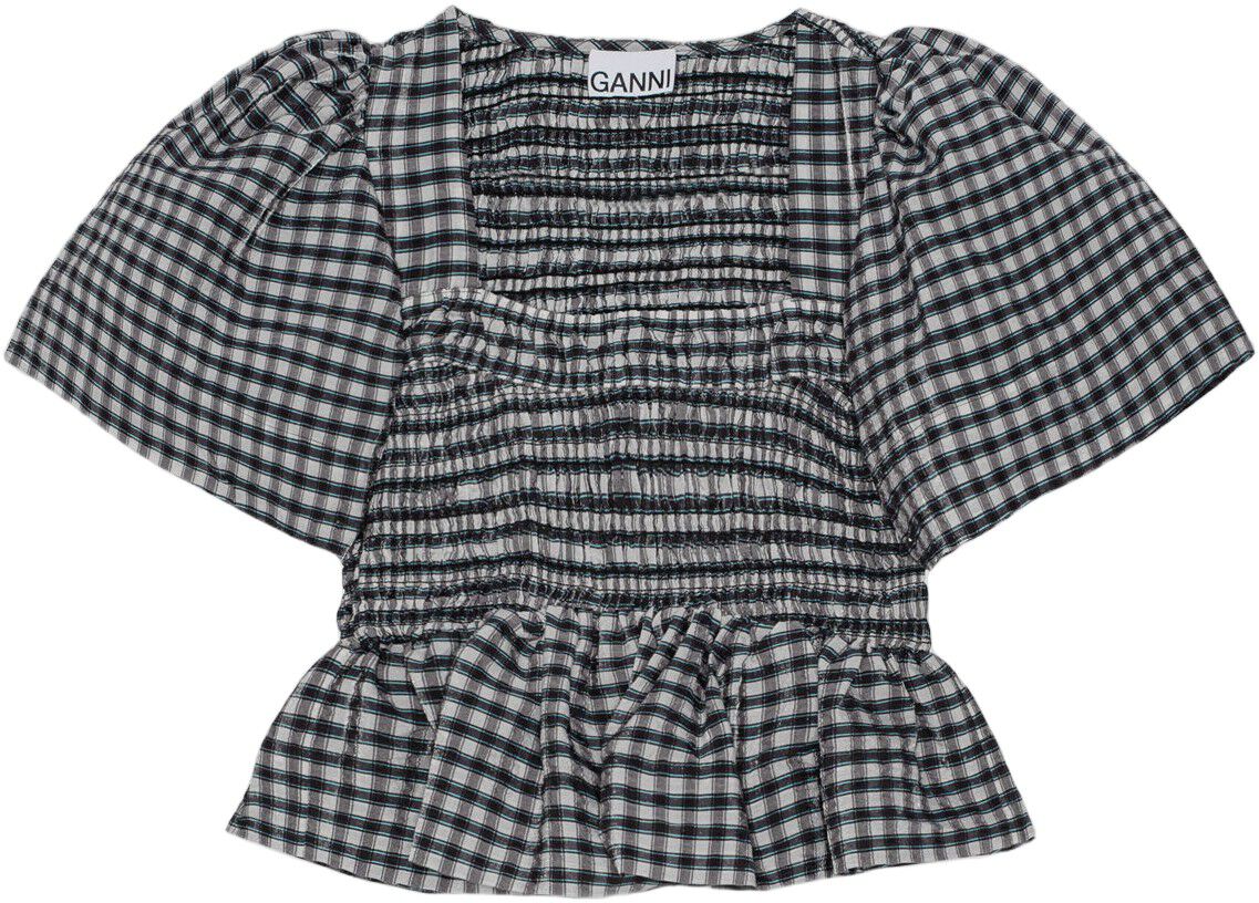 Seersucker Check Open-neck Smock Bl