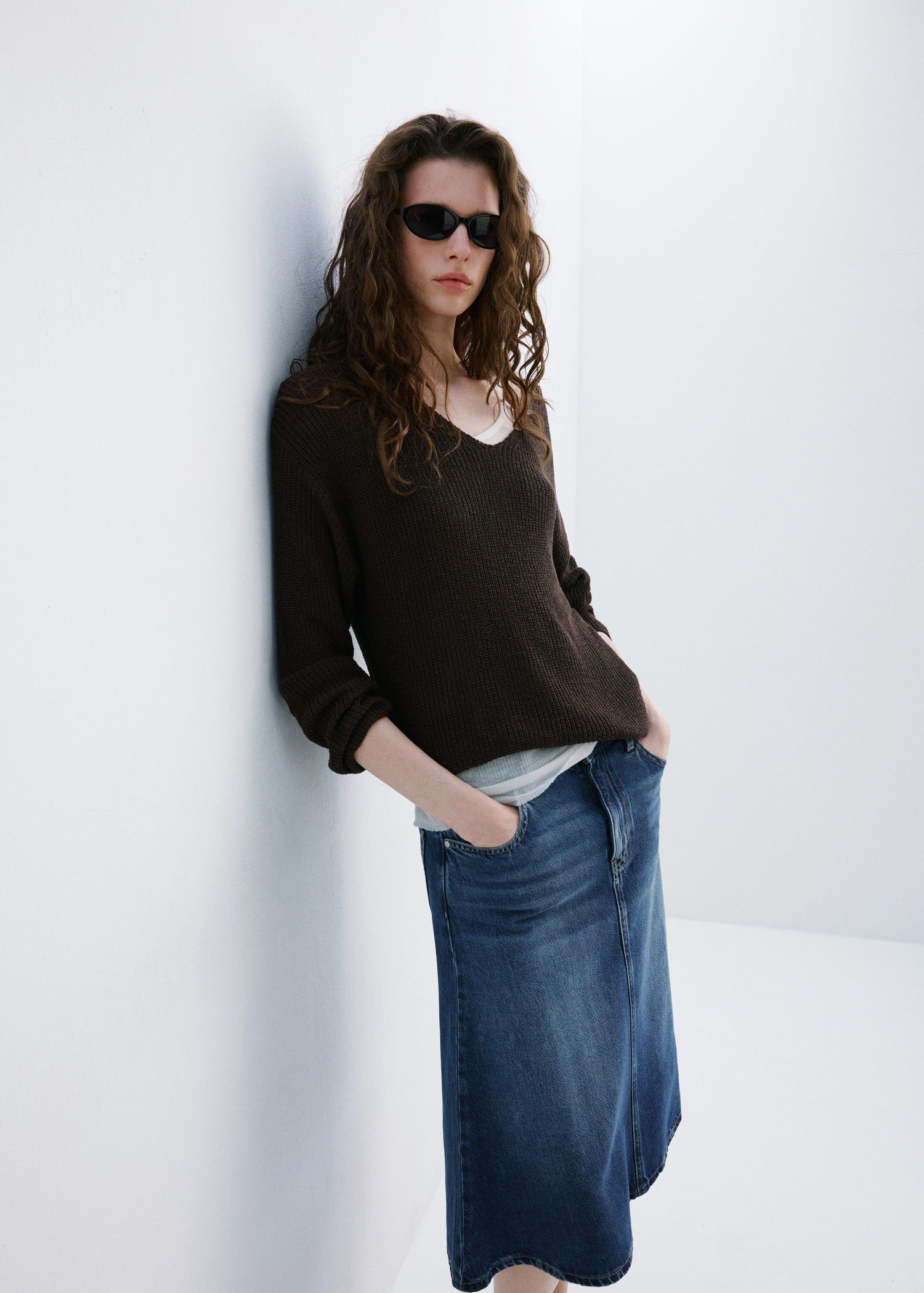 V-neck openwork knitted sweater