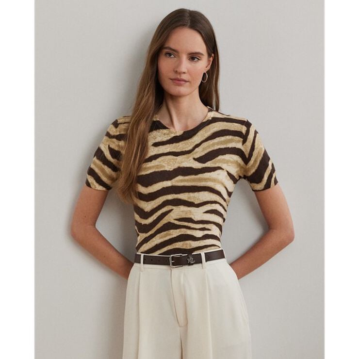Print Linen-Cotton Short-Sleeve Sweater