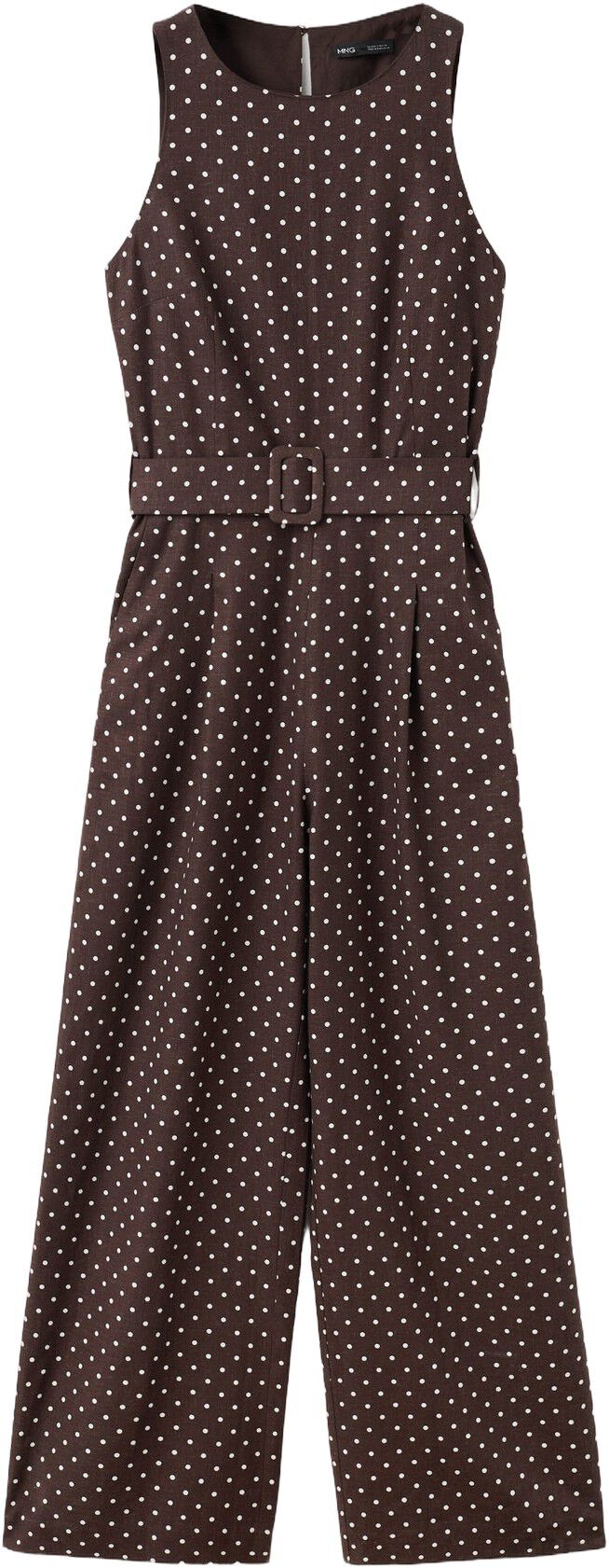 Linen jumpsuit with polka-dot belt