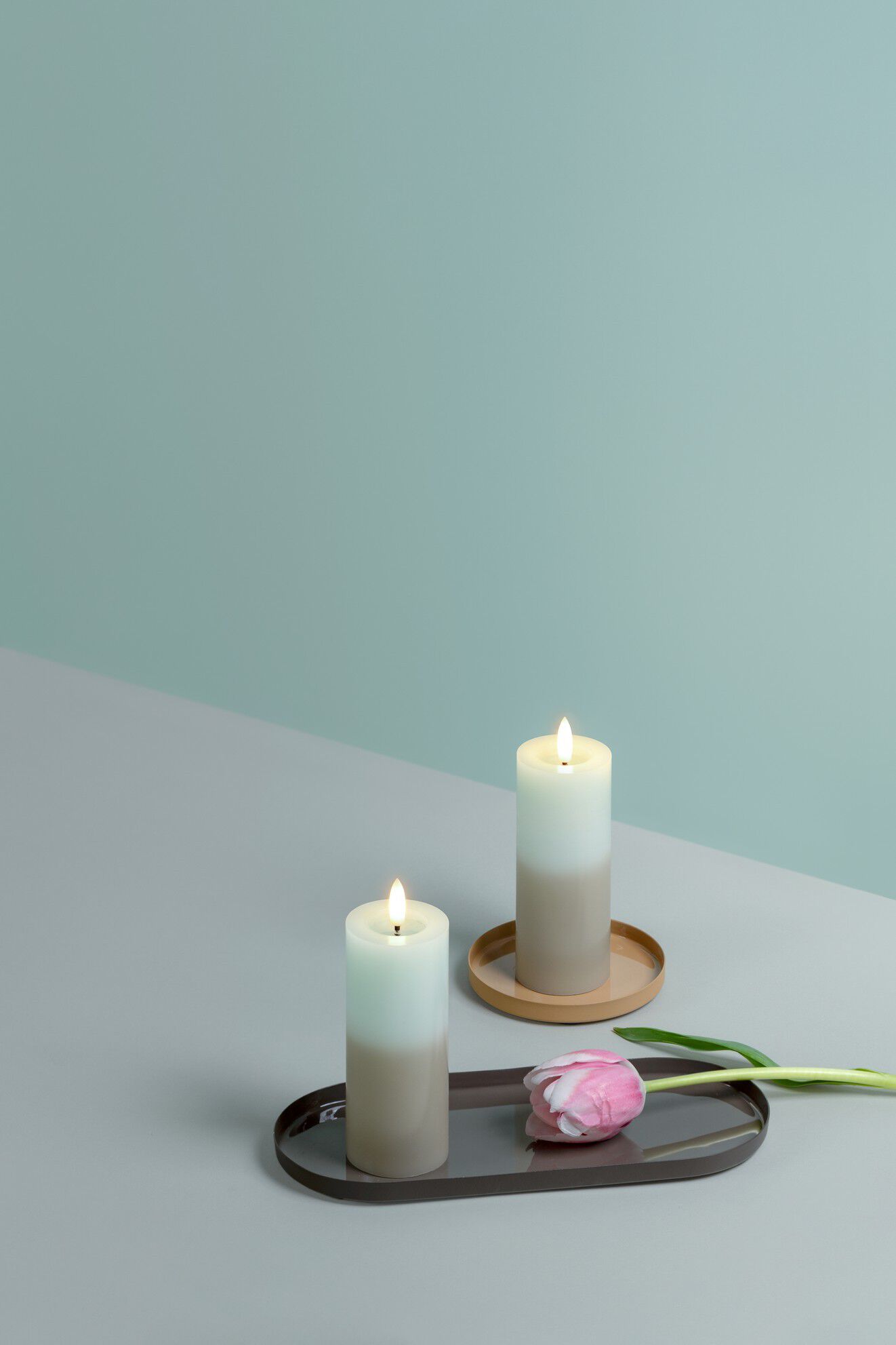 MM LED pillar candle, Silk, Melted, Multi-colour green, 49x1