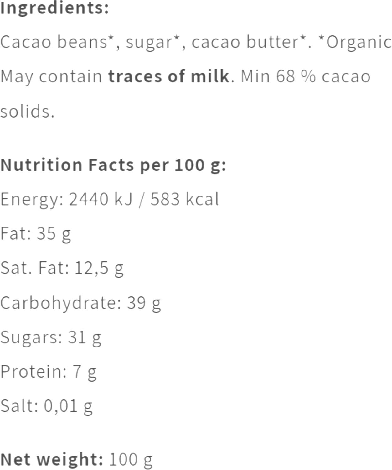 Organic O'payo 68% 100 g &oslash;kologisk