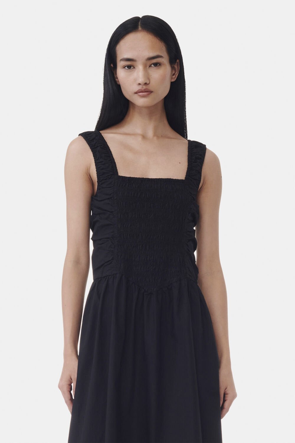 Cotton Poplin Midi Strap Smock Dres