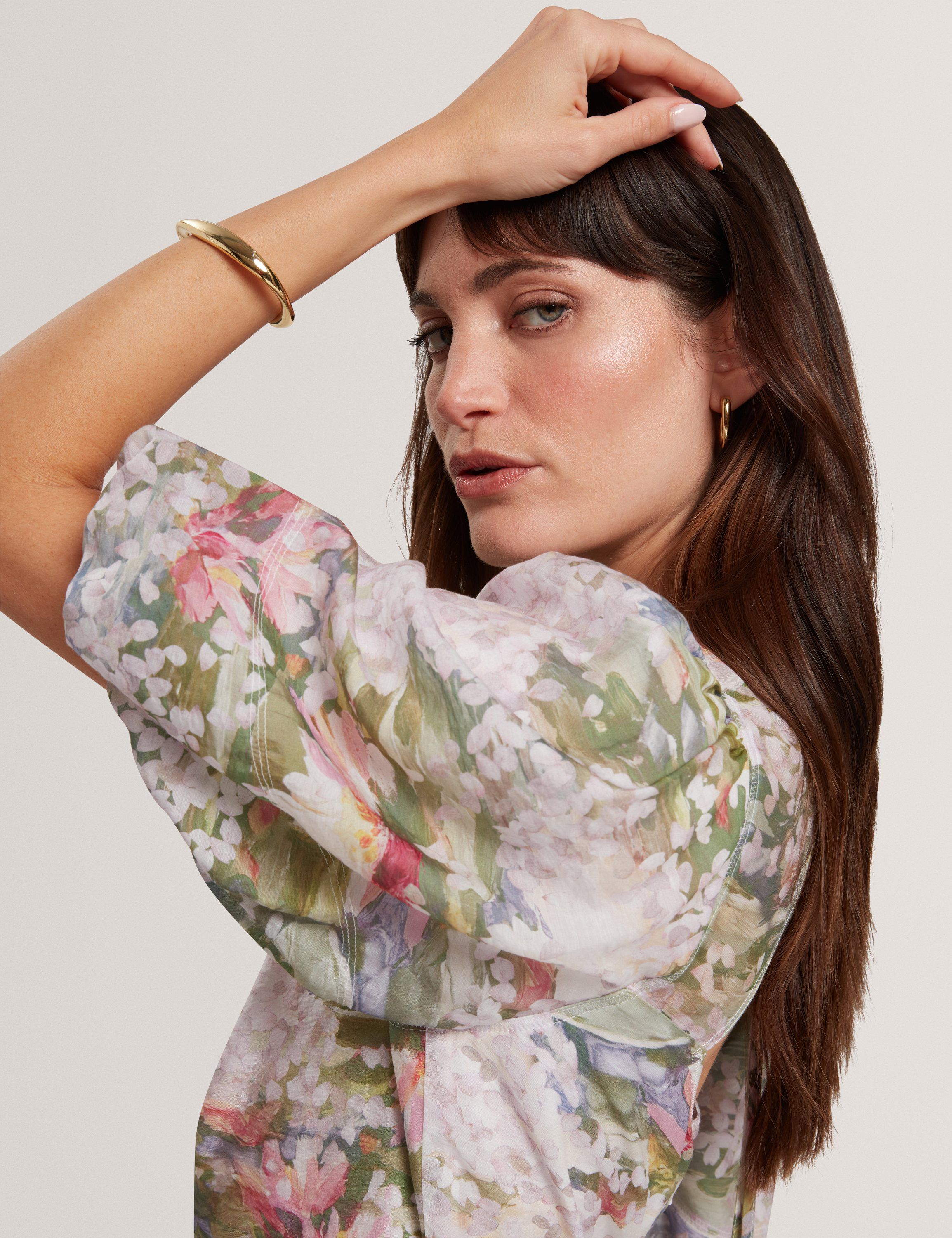 JONOR Puff Sleeve Printed Midi Dres