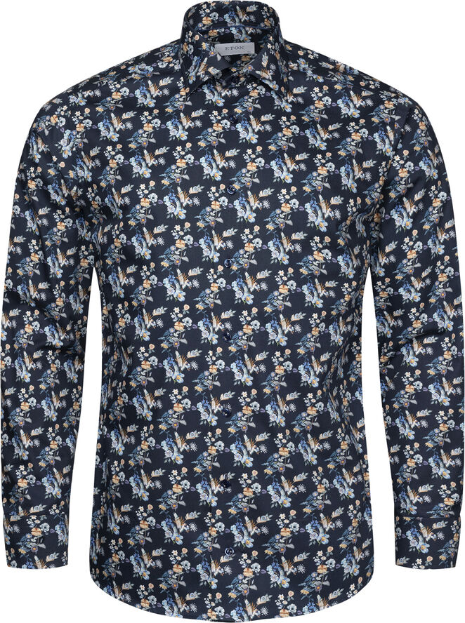 Slim Fit Navy Blue Floral Print Twill Shirt