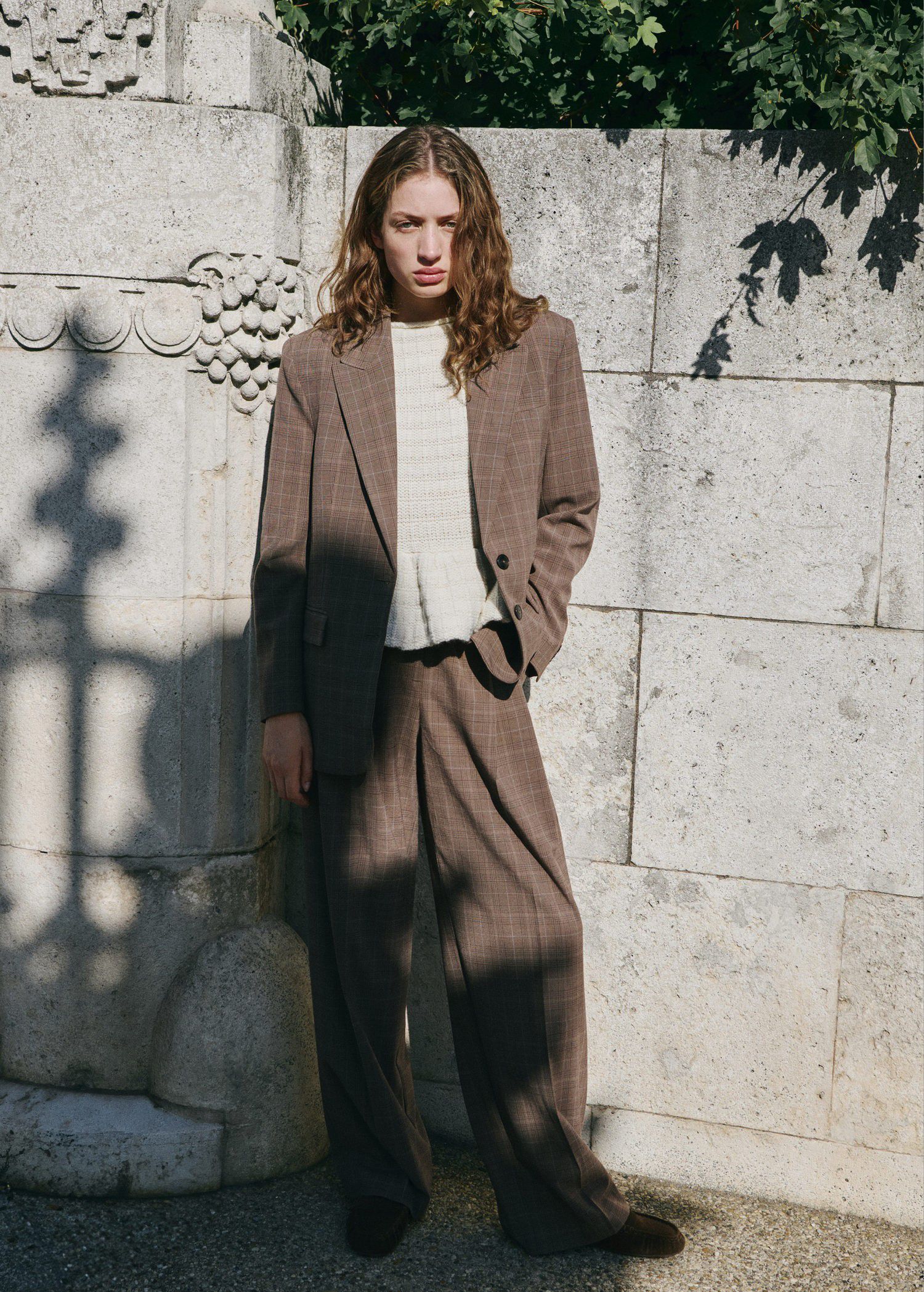 Wide leg check suit trousers