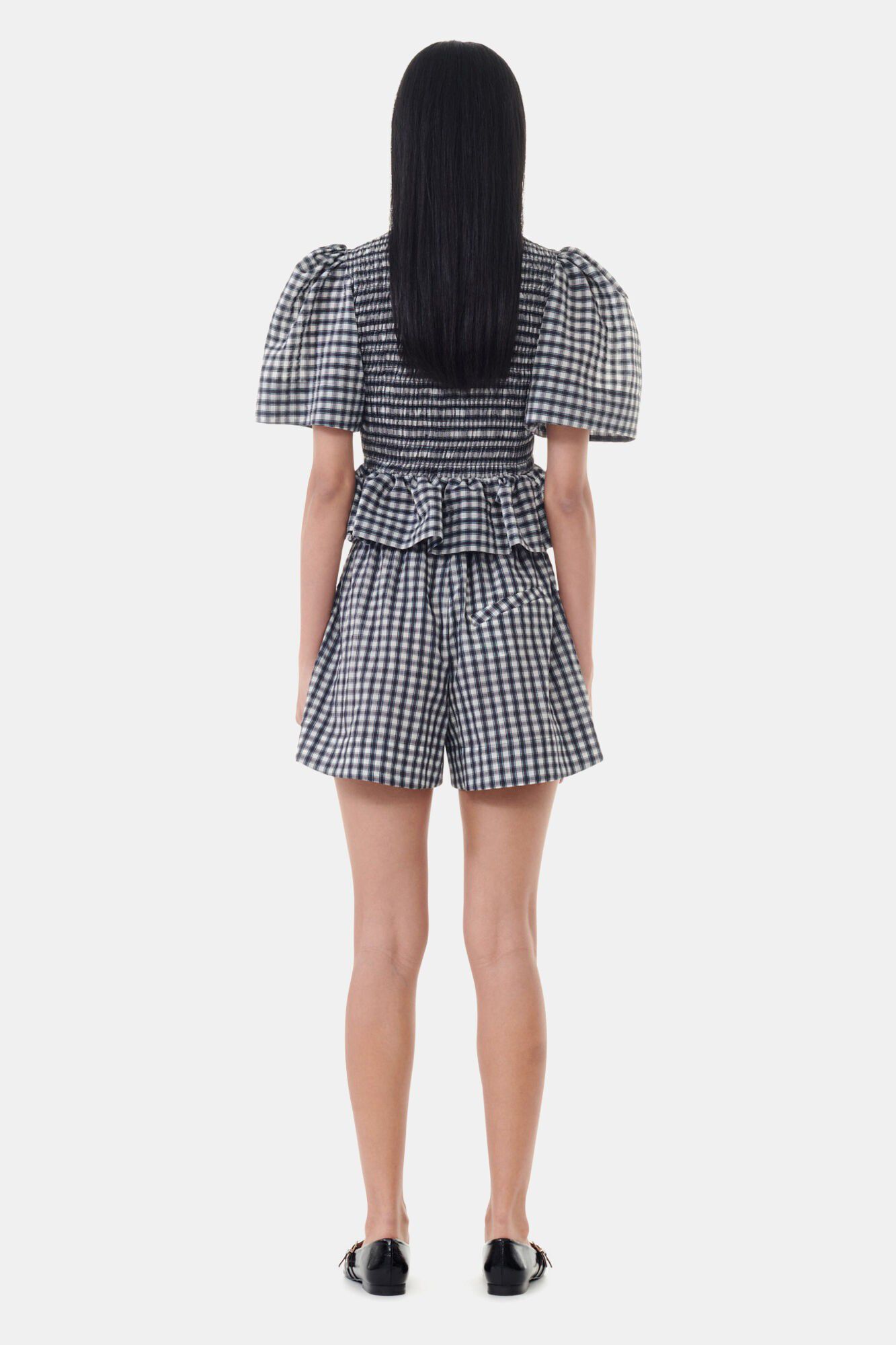 Seersucker Check Open-neck Smock Bl