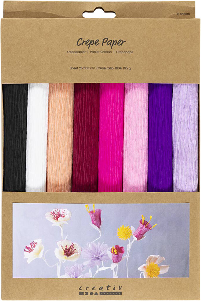 Crepepapir, ark 25x60 cm, Str&aelig;k/crepe: 180%, 105 g, lilla/pi