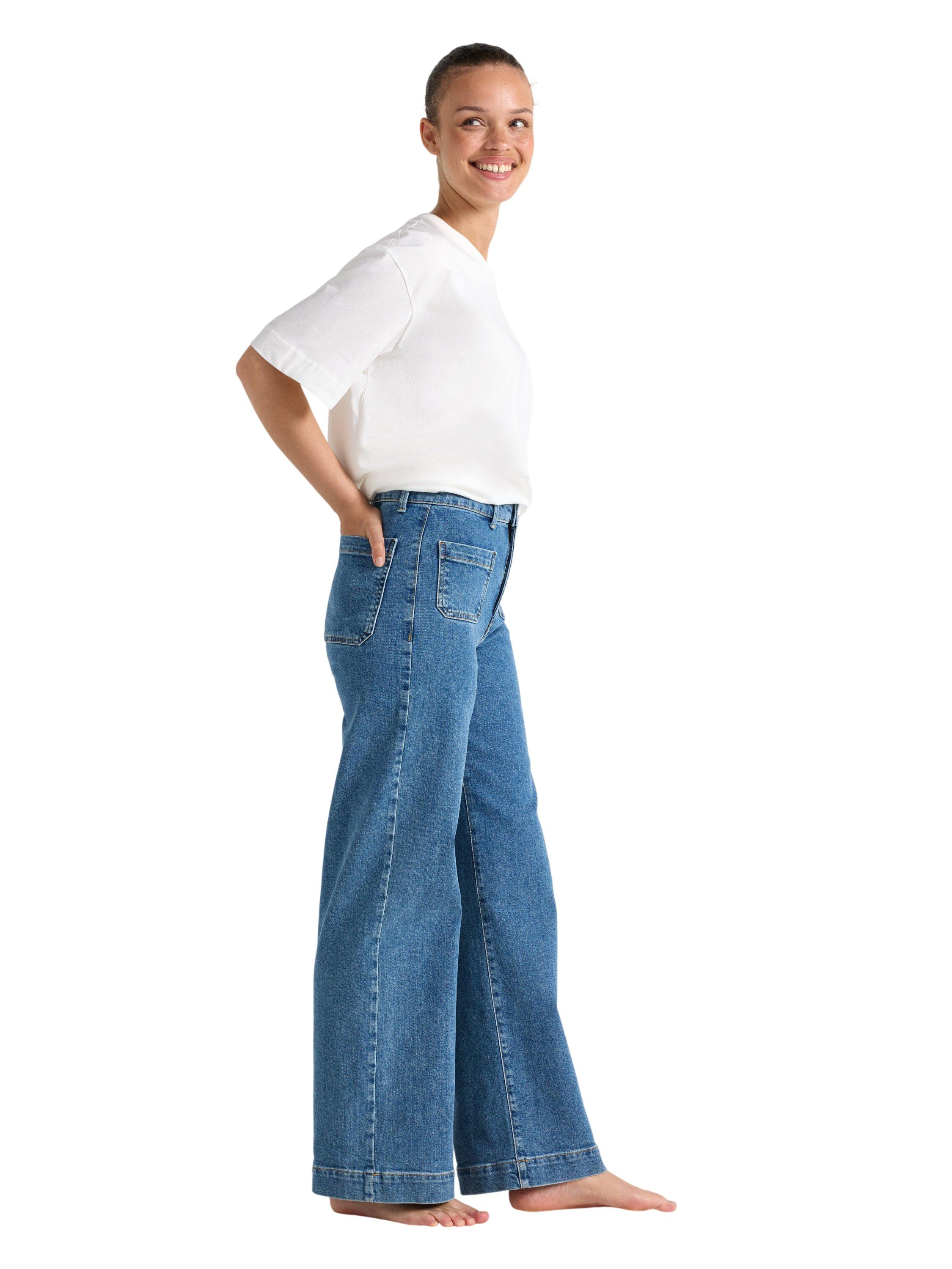 Jeans med h&oslash;y midje i bomullsdenim