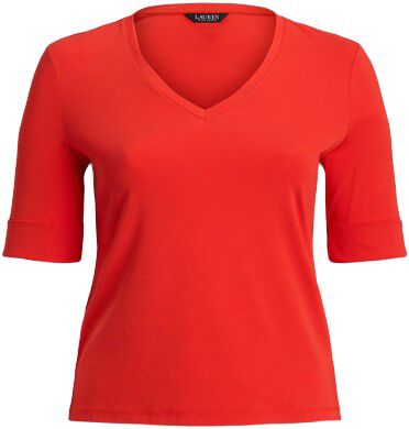 Stretch Cotton Elbow-Sleeve V-Neck Tee