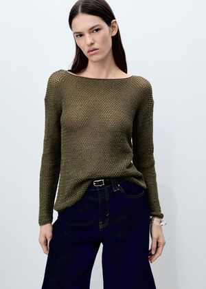 Openwork knit boat neck sweater