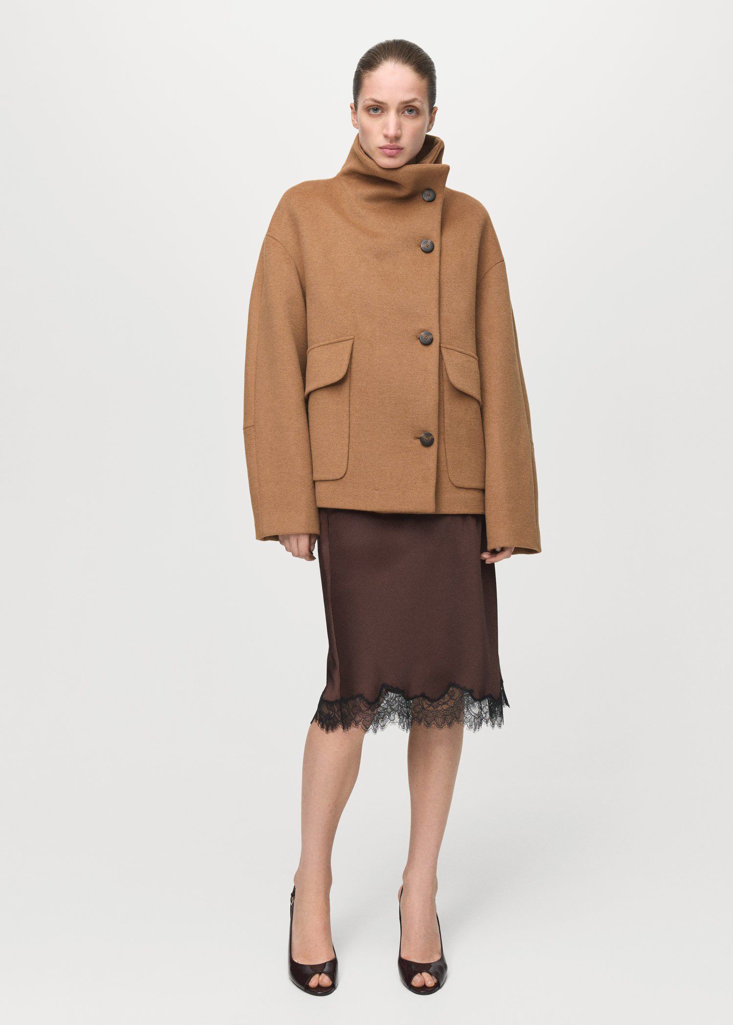 Wool-blend funnel-neck coat