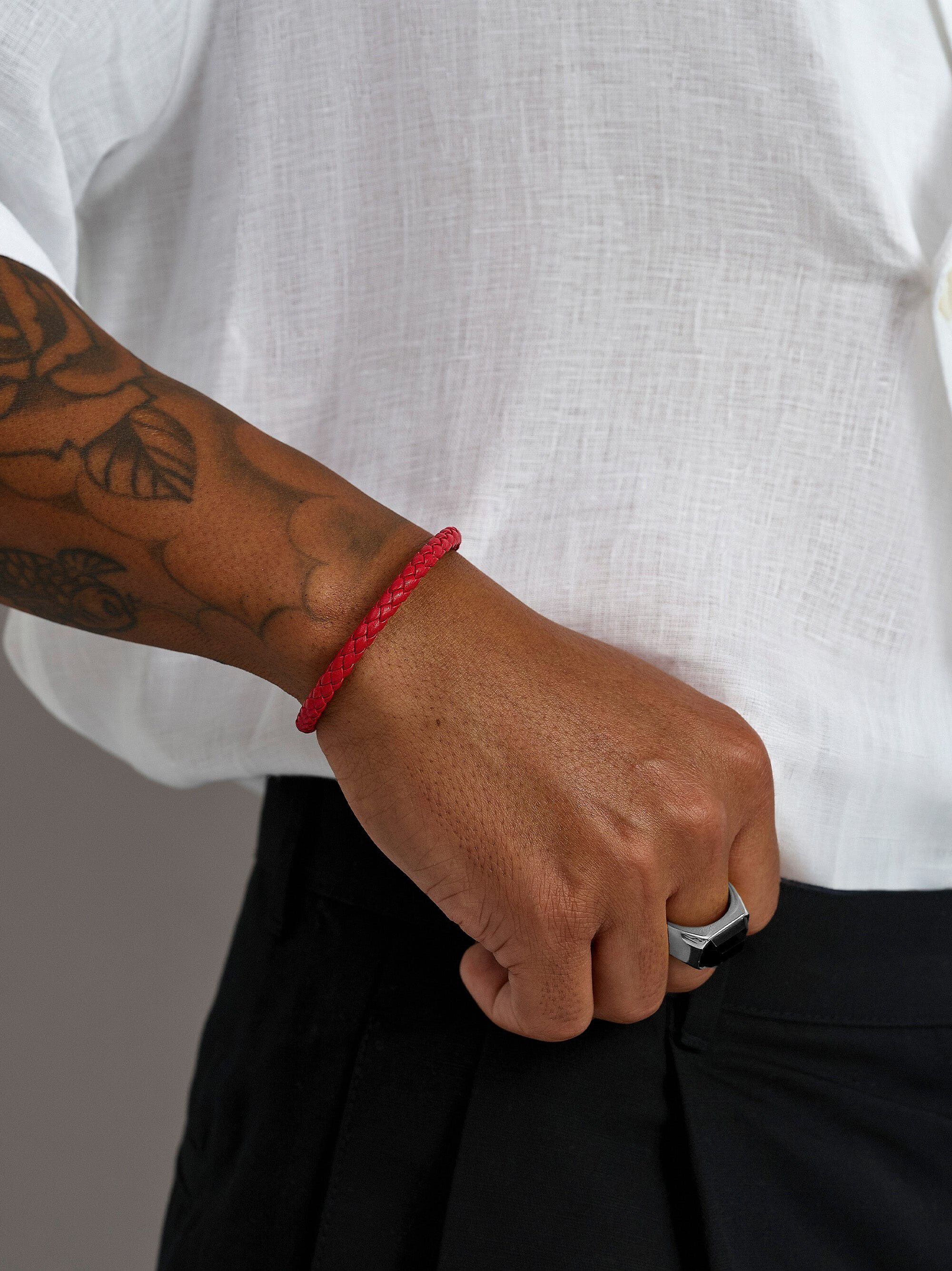 Braided Red Leather Bracelet in Silver