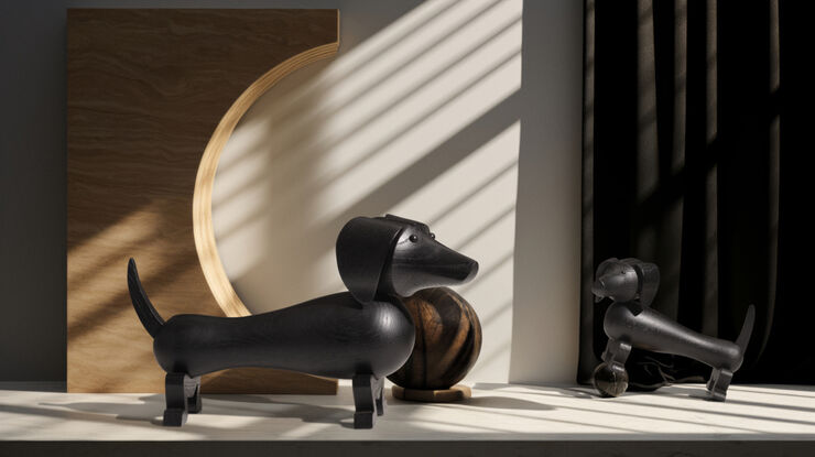 Gravhund mellem mørk bejdset eg