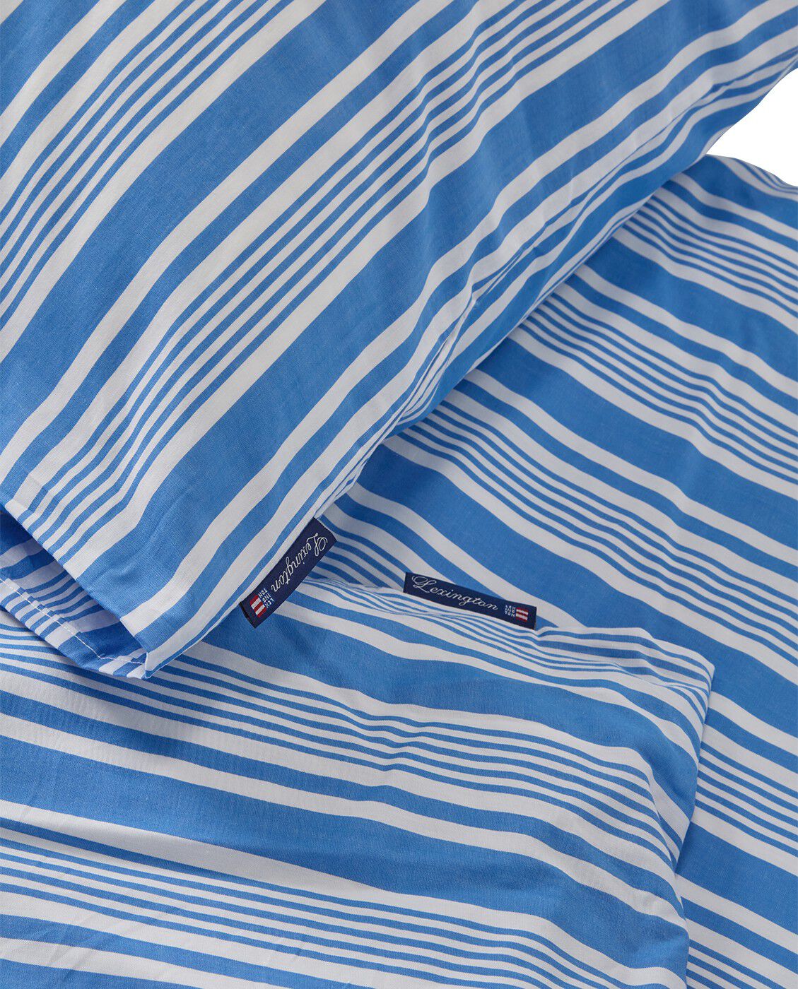 Stribet senges&aelig;t i bomuld poplin bl&aring;/hvid