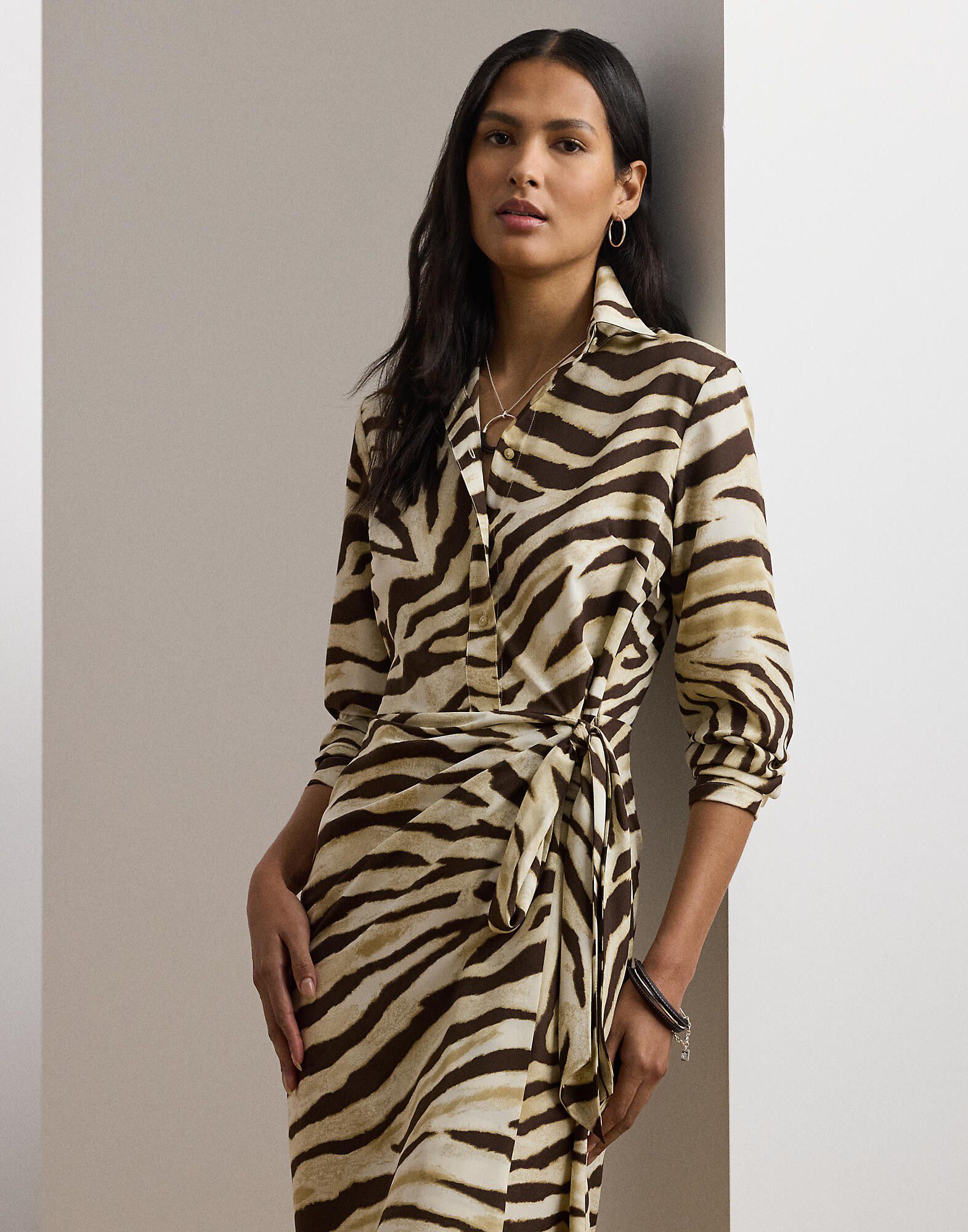 Zebra-Print Tie-Front Crepe Shirtdress