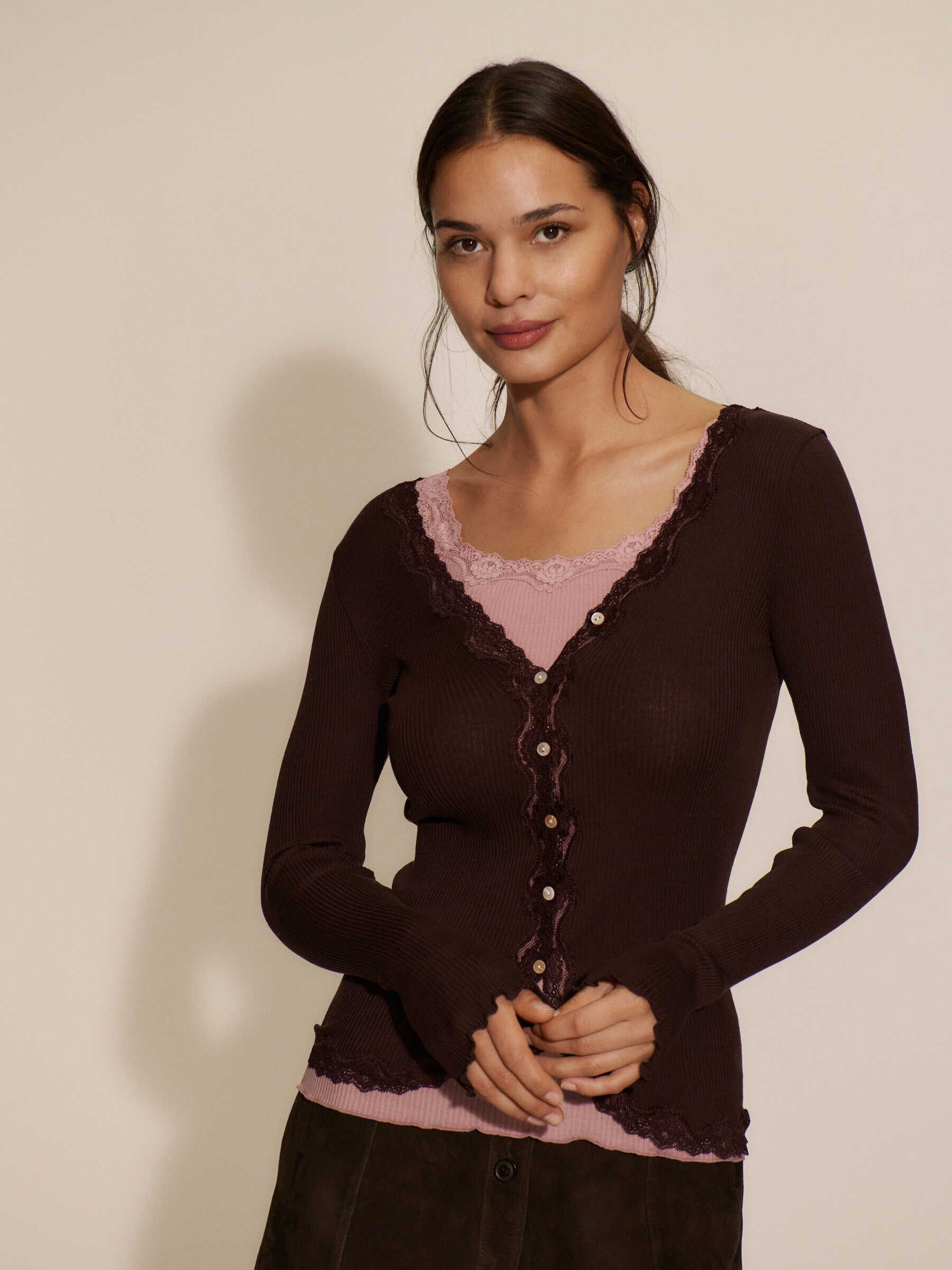 RWBabette Silk LS V-neck Lace Cardigan