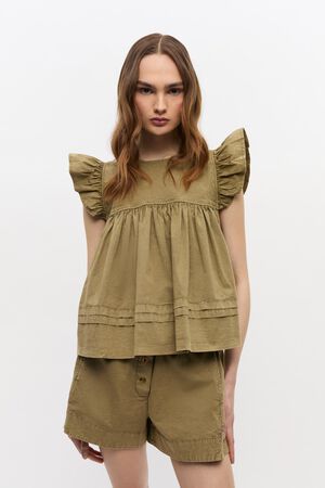 Washed Stretch Cotton Frill Sleeve
