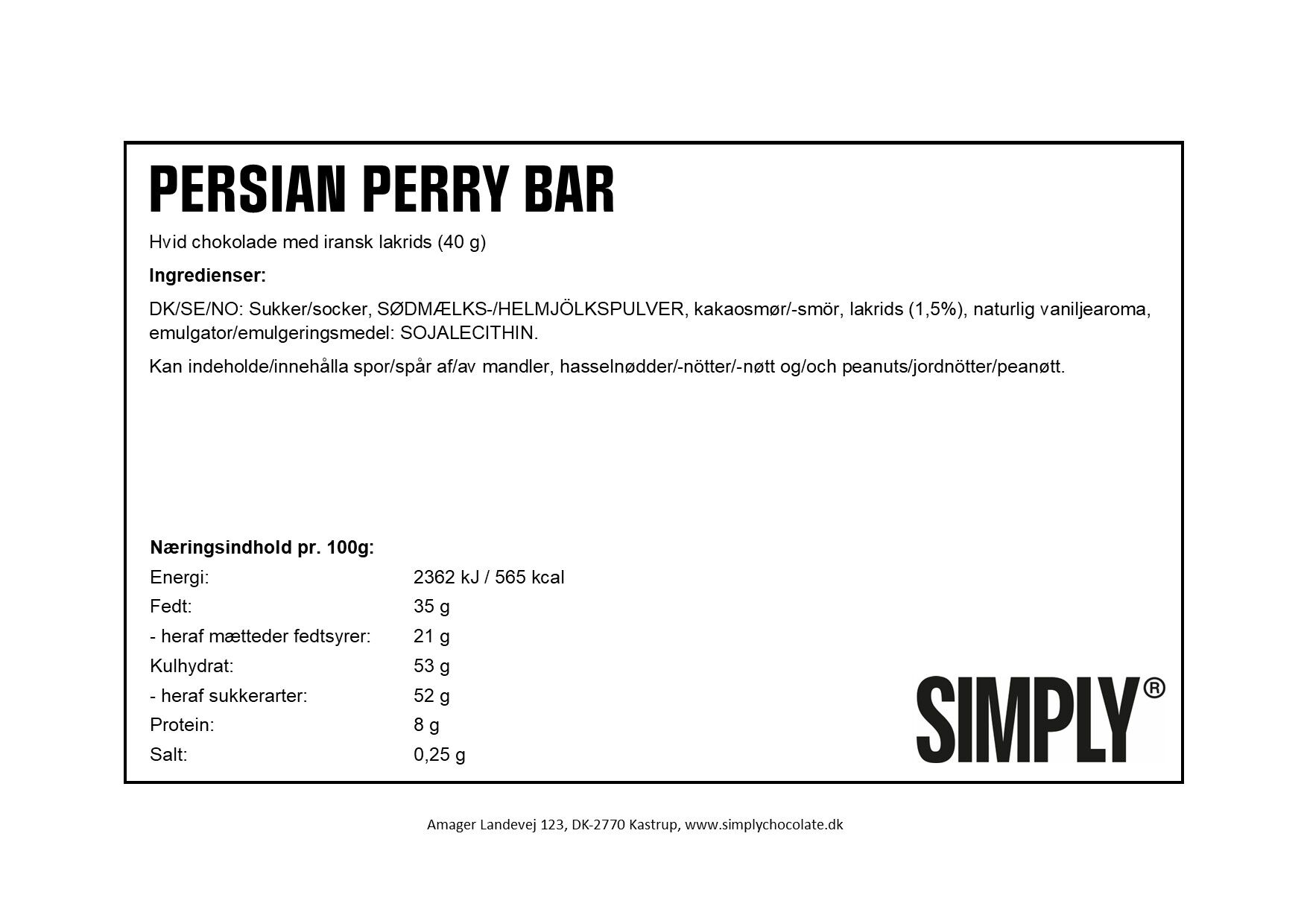 Simply&reg; PERSIAN PERRY chokoladebar (40g)