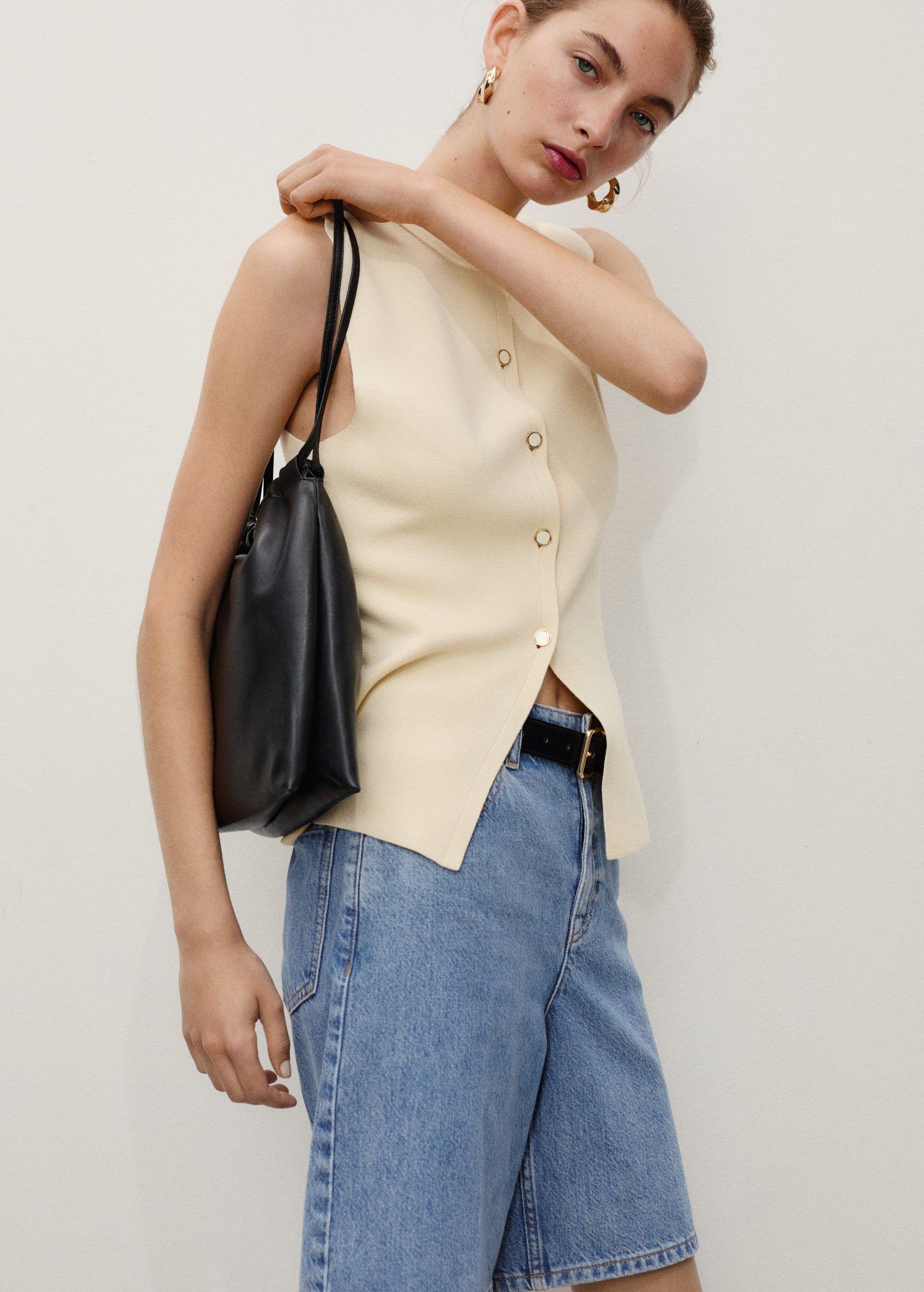 High-waist straight denim shorts